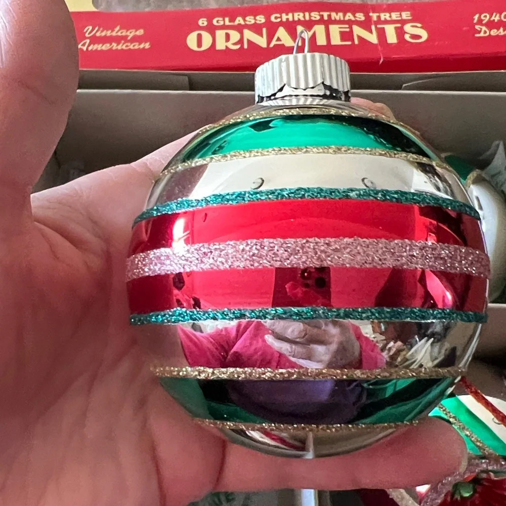 5 Jumbo Shiny Brite indent round glass ornaments Christmas